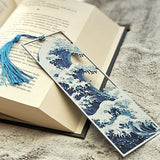 Great Wave Bookmark – Artistic Book Accessory Inspired By Hokusai’s Iconic Art, Ocean Blue With Tassel